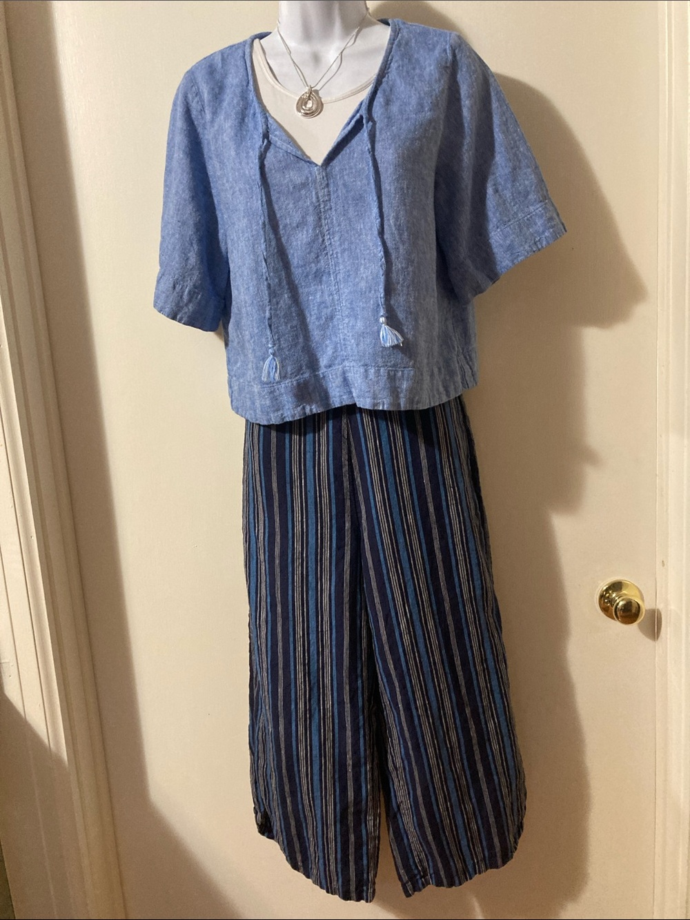 Coldwater Creek Navy and Light Blue Striped Wide-Leg Linen Pants size XS